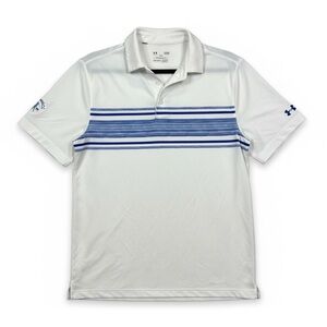 Under Armour Men's White Golf Polo with Blue Stripes Size Large